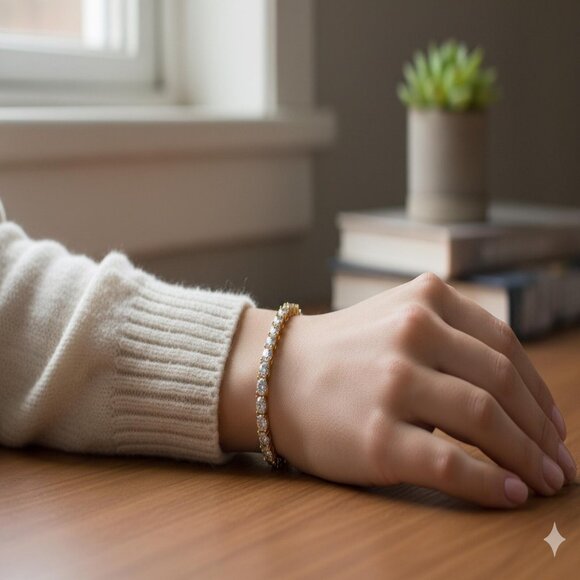 Diamond Tennis Bracelet, Exquisite Tennis Chain Inlaid with Synthetic Zircona - Picture 5 of 7